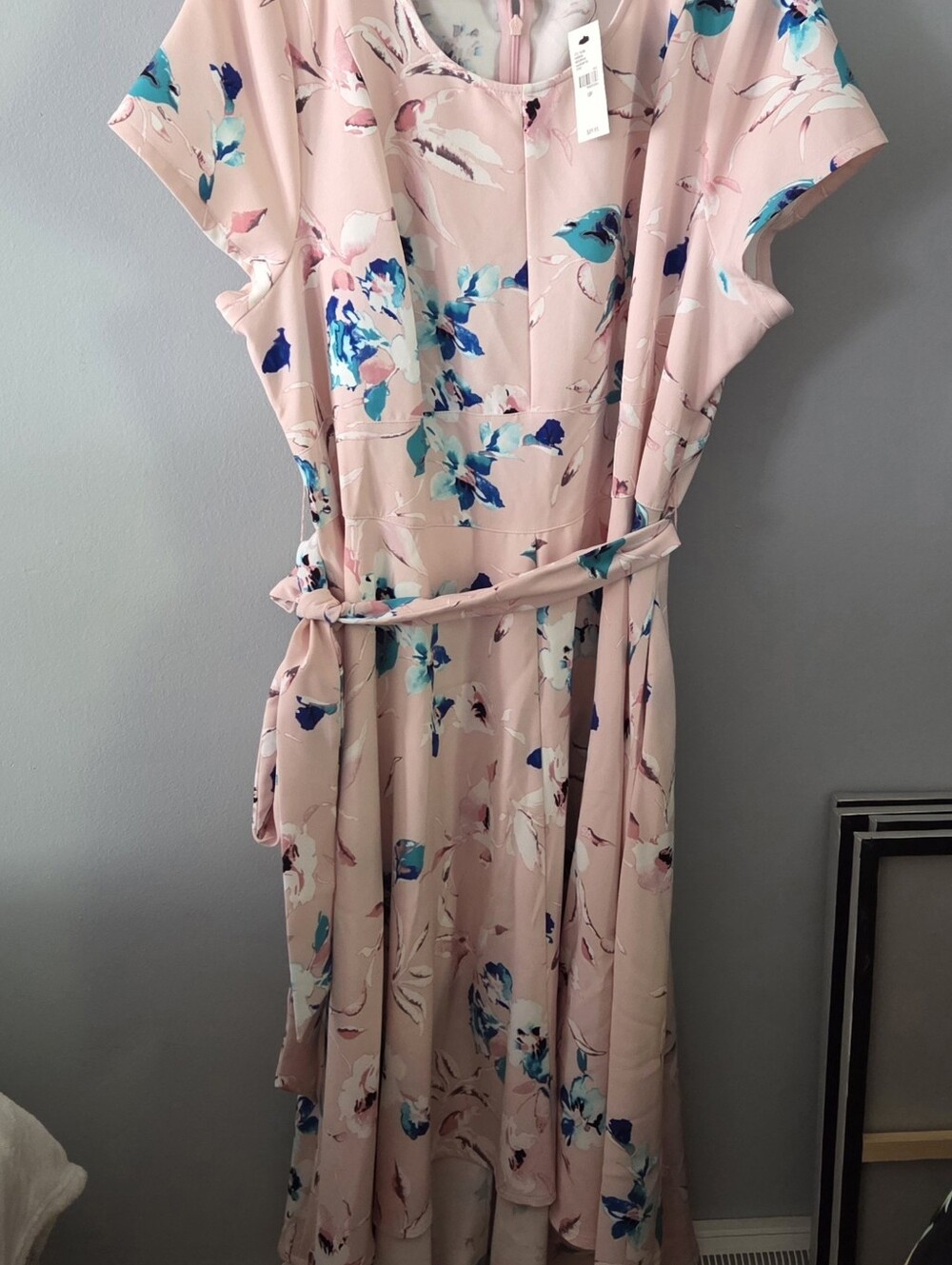 Floral Pink Belted Dress With Pockets